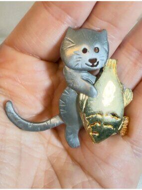 Cat Fish Brooch Ultracraft Vintage OOAK Mixed Metal Kitten 2.15"